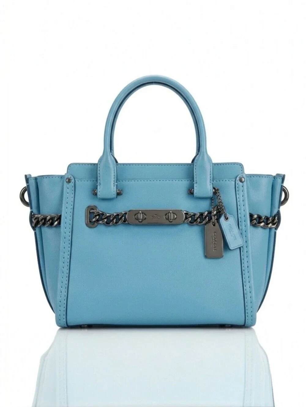 Coach Swagger 27 Cloud Blue Glovetanned Leather Satchel Chain Bag 59542 AUTH